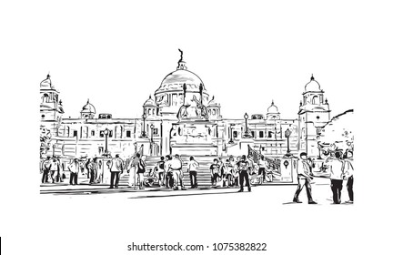 Victoria Memorial of Kolkata, City in West Bengal, India. Hand drawn sketch illustration in vector.