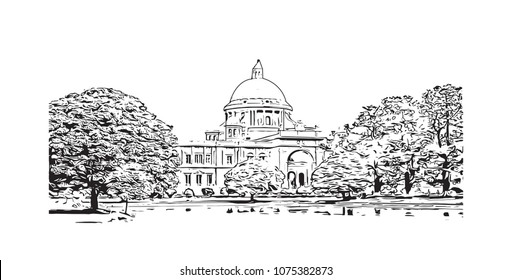 Victoria Memorial of Kolkata, City in West Bengal, India. Hand drawn sketch illustration in vector.