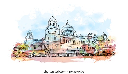 Victoria Memorial in Kalkutta, City in West Bengal. Aquarellspritzer mit handgezeichneter Skizzengrafik in Vektorgrafik.