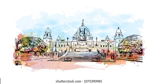 Victoria Memorial in Kolkata, City in West Bengal. Watercolour splash with hand drawn sketch illustration in vector.