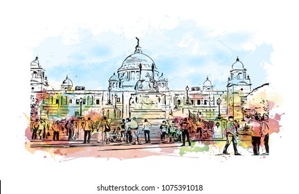 Victoria Memorial in Kolkata, City in West Bengal. Watercolour splash with hand drawn sketch illustration in vector.