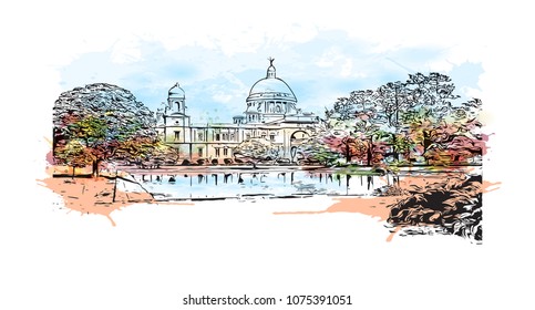 Victoria Memorial in Kolkata, City in West Bengal. Watercolour splash with hand drawn sketch illustration in vector.