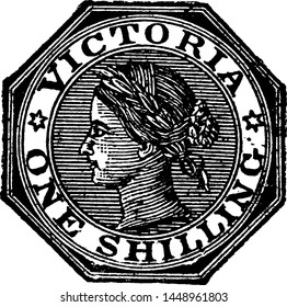 Victoria One Shilling Stamp from 1864 to 1865, vintage illustration.