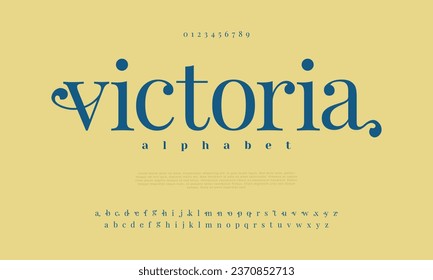 Victoria premium luxury elegant alphabet letters and numbers. Elegant wedding typography classic serif font decorative vintage retro. Creative vector illustration