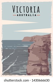 Victoria retro poster. Victoria travel illustration. States of Australia greeting card. Twelve apostles beach.