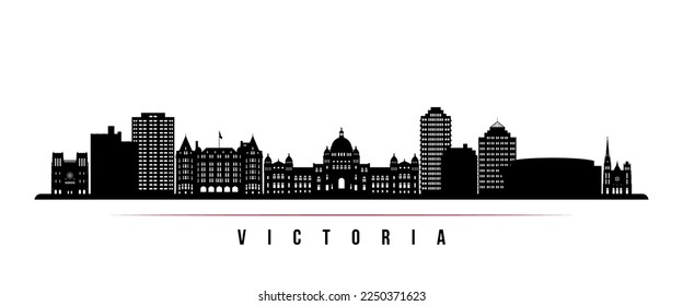 Banner horizontal del horizonte de Victoria. Silueta blanca y negra de Victoria, Canadá. Plantilla de vectores para su diseño. 