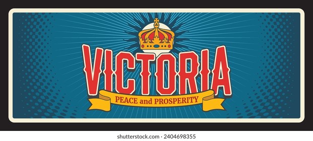 Victoria state, Australian island vintage travel plate. Vector banner and royal crown, Vic state in southeastern Australia. The Garden State with peace and prosperity motto, tourist destination