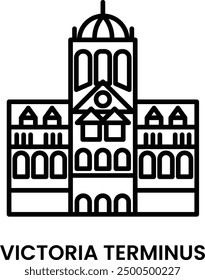 Victoria Terminus. Chhatrapati Shivaji Maharaj Terminus, Mumbai, Maharashtra, India. Minimalist line art icon, a historical landmark for web, mobile apps and UI.
