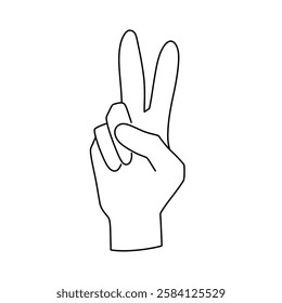 Victoria, v sign hand gesture. Peace, two fingers, salute. Line art, hand-drawn doodle silhouette. Vector isolated on white background