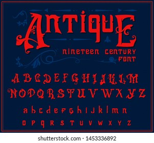 Victorian alphabet in ancient style. Antique old Font for Whiskey label. Vintage typeface in red colors, editable and layered. Hand drawn Vector modern letters.