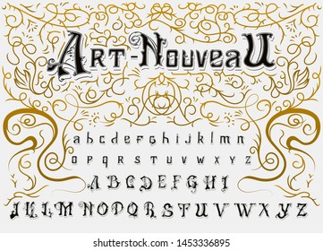 Victorian alphabet in ancient style. Antique old Font for Whiskey label. Vintage typeface in black colors, editable and layered. Hand drawn Vector modern letters.