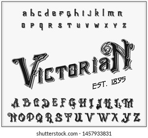 Victorian alphabet in ancient style. Antique old Font. Vintage typeface in black colors, editable and layered. Hand drawn Vector modern letters.