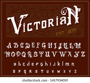 Victorian alphabet in ancient style. Antique old Font for Whiskey label. Vintage typeface in white red colors, editable and layered. Hand drawn Vector modern letters.