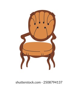 Victorian armchair, antique furniture of 19th century. Vintage chair in classic design. Luxury seat with soft upholstery, old historic style. Flat vector illustration isolated on white background