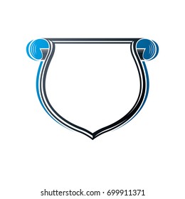 Victorian art vector frame with blank copy space and cartouche, vintage heraldic design. Heraldic template illustration, mirror border, decorative protection shield with rolled-up ends.