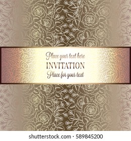 Victorian background with antique, luxury beige and gold roses decor, victorian banner, damask floral wallpaper ornaments, invitation card, baroque style booklet, fashion pattern, template.