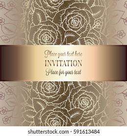 Victorian background with antique, luxury beige and gold roses decor, victorian banner, damask floral wallpaper ornaments, invitation card, baroque style booklet, fashion pattern, template.