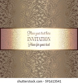Victorian background with antique, luxury beige and gold roses decor, victorian banner, damask floral wallpaper ornaments, invitation card, baroque style booklet, fashion pattern, template.