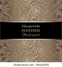 Victorian background with antique, luxury beige and gold roses decor, victorian banner, damask floral wallpaper ornaments, invitation card, baroque style booklet, fashion pattern, template.