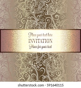 Victorian background with antique, luxury beige and gold vintage frame, victorian banner, damask floral wallpaper ornaments, invitation card, baroque style booklet, fashion pattern, template