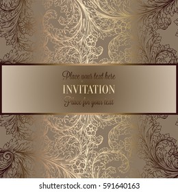 Victorian background with antique, luxury beige and gold vintage frame, victorian banner, damask floral wallpaper ornaments, invitation card, baroque style booklet, fashion pattern