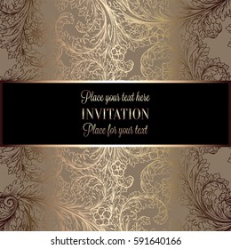 Victorian background with antique, luxury beige and gold vintage frame, victorian banner, damask floral wallpaper ornaments, invitation card, baroque style booklet, fashion pattern