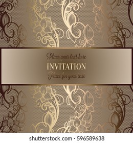 Victorian background with antique, luxury beige and gold vintage frame, victorian banner, damask floral wallpaper ornaments, invitation card, baroque style booklet, fashion pattern