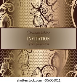 Victorian background with antique, luxury beige and gold vintage frame, victorian banner, damask floral wallpaper ornaments, invitation card, baroque style booklet, fashion pattern