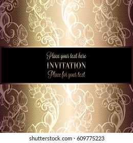 Victorian background with antique, luxury beige and gold vintage frame, victorian banner, damask floral wallpaper ornaments, invitation card, baroque style booklet, fashion pattern
