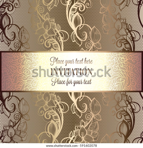 Victorian background with antique, luxury beige\
and gold vintage frame, victorian banner, damask floral wallpaper\
ornaments, invitation card, baroque style booklet, fashion pattern,\
template
