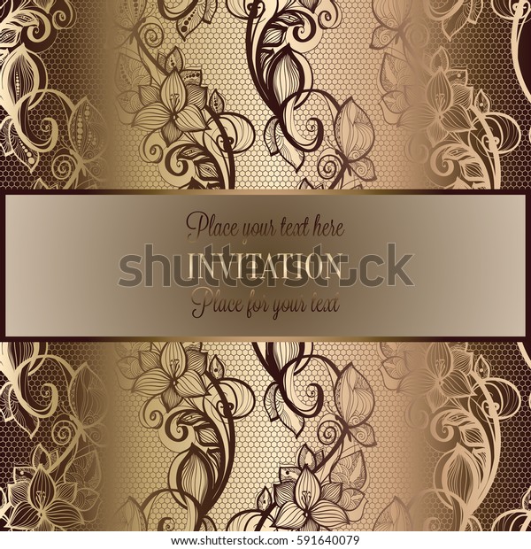 Victorian background with antique, luxury beige and gold\
vintage frame, victorian banner, damask floral wallpaper ornaments,\
invitation card, baroque style booklet, fashion pattern, template\
