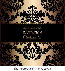 Victorian background with antique, luxury black and gold vintage frame, victorian banner, damask floral wallpaper ornaments, invitation card, baroque style booklet, fashion pattern