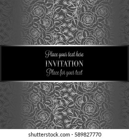 Victorian background with antique, luxury black and silver roses decor, victorian banner, damask floral wallpaper ornaments, invitation card, baroque style booklet, fashion pattern, template.