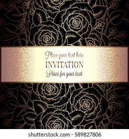 Victorian background with antique, luxury black and gold roses decor, victorian banner, damask floral wallpaper ornaments, invitation card, baroque style booklet, fashion pattern, template for design.