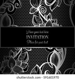 Victorian background with antique, luxury black and silver vintage frame, victorian banner, damask floral wallpaper ornaments, invitation card, baroque style booklet, fashion pattern, template.