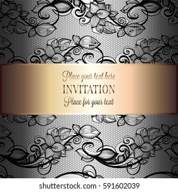 Victorian background with antique, luxury black and silver vintage frame, victorian banner, damask floral wallpaper ornaments, invitation card, baroque style booklet, fashion pattern, template.