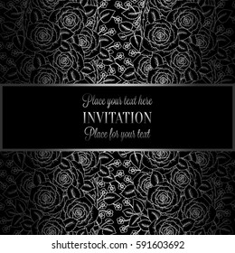 Victorian background with antique, luxury black and silver roses decor, victorian banner, damask floral wallpaper ornaments, invitation card, baroque style booklet, fashion pattern, template.