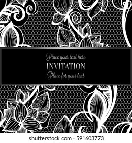 Victorian background with antique, luxury black and silver vintage frame, victorian banner, damask floral wallpaper ornaments, invitation card, baroque style booklet, fashion pattern, template.