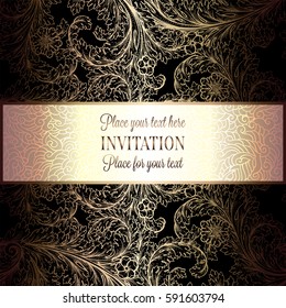 Victorian background with antique, luxury black and gold vintage frame, victorian banner, damask floral wallpaper ornaments, invitation card, baroque style booklet, fashion pattern, template