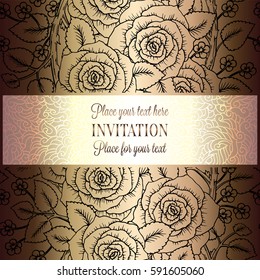 Victorian background with antique, luxury black and gold roses decor, victorian banner, damask floral wallpaper ornaments, invitation card, baroque style booklet, fashion pattern, template for design.