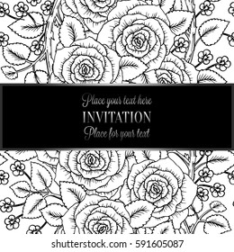 Victorian background with antique, luxury black and silver roses decor, victorian banner, damask floral wallpaper ornaments, invitation card, baroque style booklet, fashion pattern, template.