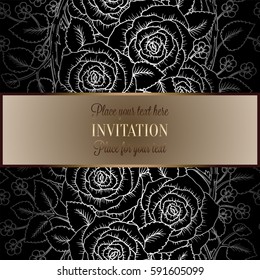 Victorian background with antique, luxury black and silver roses decor, victorian banner, damask floral wallpaper ornaments, invitation card, baroque style booklet, fashion pattern, template.