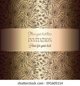 Victorian background with antique, luxury black and gold roses decor, victorian banner, damask floral wallpaper ornaments, invitation card, baroque style booklet, fashion pattern, template for design.