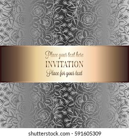 Victorian background with antique, luxury black and silver roses decor, victorian banner, damask floral wallpaper ornaments, invitation card, baroque style booklet, fashion pattern, template.