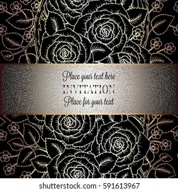 Victorian background with antique, luxury black and gold vintage frame, victorian banner, damask floral wallpaper ornaments, invitation card, baroque style booklet, fashion pattern, template