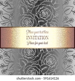 Victorian background with antique, luxury black and silver roses decor, victorian banner, damask floral wallpaper ornaments, invitation card, baroque style booklet, fashion pattern, template.