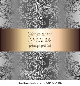 Victorian background with antique, luxury black and silver vintage frame, victorian banner, damask floral wallpaper ornaments, invitation card, baroque style booklet, fashion pattern, template.