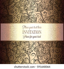 Victorian background with antique, luxury black and gold vintage frame, victorian banner, damask floral wallpaper ornaments, invitation card, baroque style booklet, fashion pattern, template 