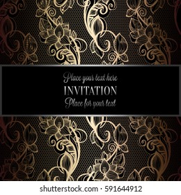 Victorian background with antique, luxury black and gold vintage frame, victorian banner, damask floral wallpaper ornaments, invitation card, baroque style booklet, fashion pattern, template 