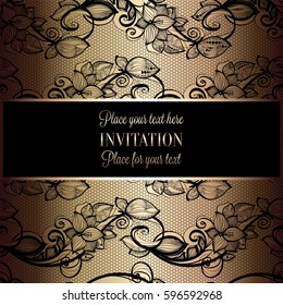 Victorian background with antique, luxury black and gold vintage frame, victorian banner, damask floral wallpaper ornaments, invitation card, baroque style booklet, fashion pattern